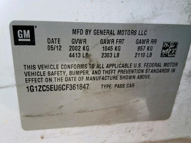 1G1ZC5EU6CF361847 - 2012 CHEVROLET MALIBU 1LT 白色 照片 10