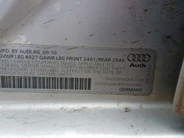 WAUFFAFL8BN004882 - 2011 AUDI A4 PREMIUM CHARCOAL photo 10