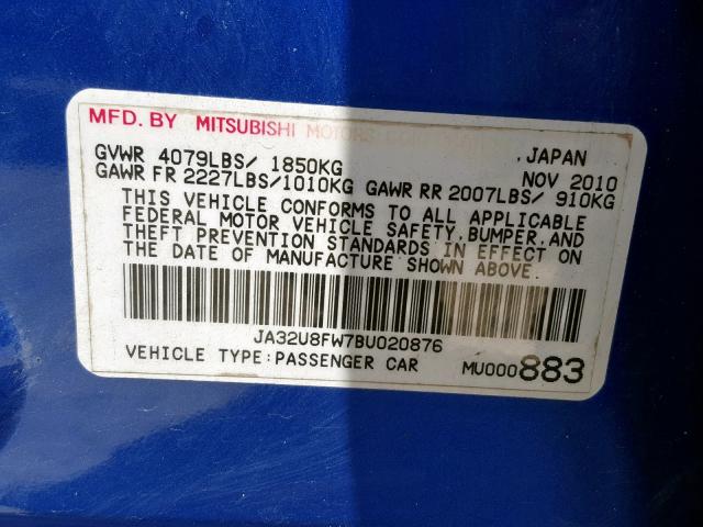 JA32U8FW7BU020876 - 2011 MITSUBISHI LANCER GTS BLUE photo 10