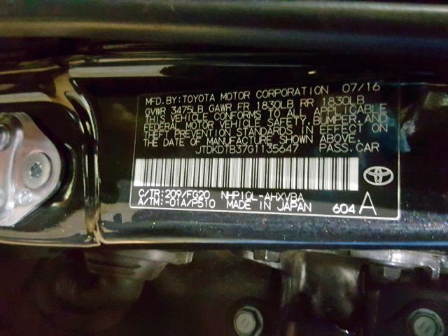 JTDKDTB37G1135647 - 2016 TOYOTA PRIUS C BLACK photo 10