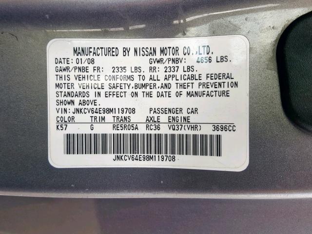 JNKCV64E98M119708 - 2008 INFINITI G37 BASE GRAY photo 10