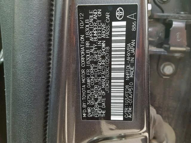 JTDKDTB3XC1025718 - 2012 TOYOTA PRIUS C CHARCOAL photo 10