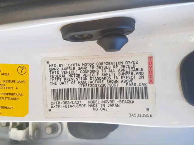 JTHBF30G720079061 - 2002 LEXUS ES 300 WHITE photo 10