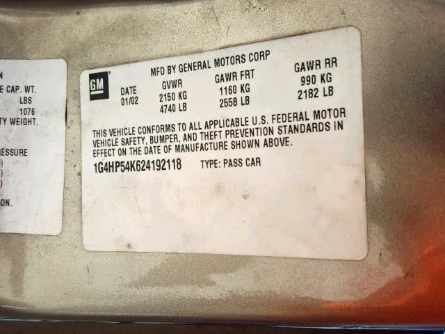 1G4HP54K624192118 - 2002 BUICK LESABRE CU GOLD photo 10