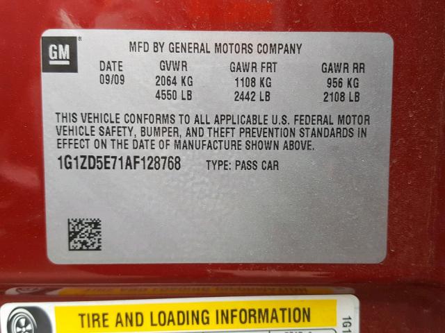 1G1ZD5E71AF128768 - 2010 CHEVROLET MALIBU 2LT 勃艮第红 照片 10