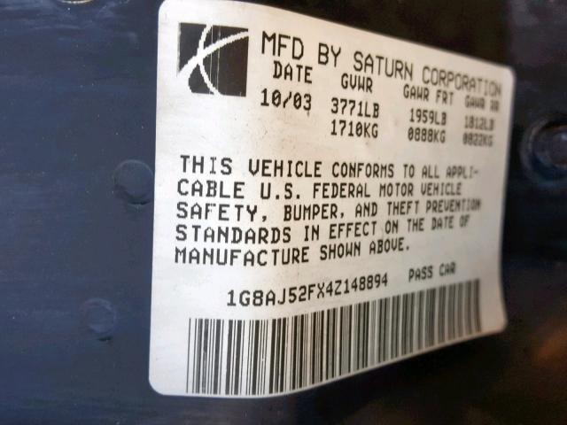 1G8AJ52FX4Z148894 - 2004 SATURN ION LEVEL GRAY photo 10
