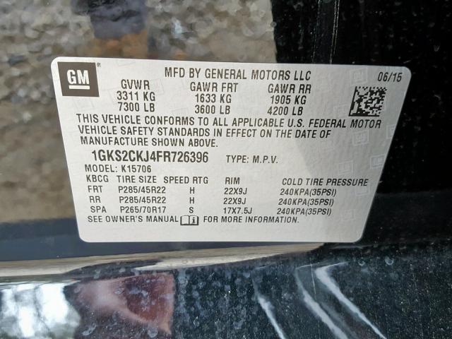 1GKS2CKJ4FR726396 - 2015 GMC YUKON DENA BLACK photo 10