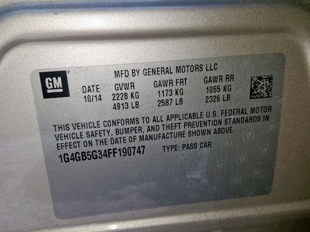 1G4GB5G34FF190747 - 2015 BUICK LACROSSE GOLD photo 10