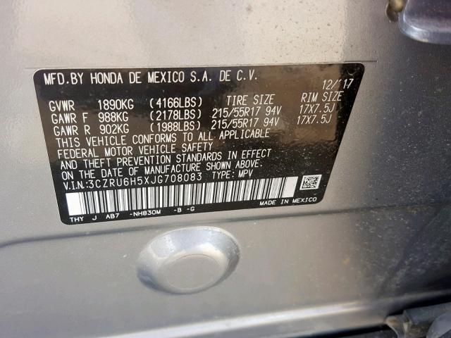 3CZRU6H5XJG708083 - 2018 HONDA HR-V EX SILVER photo 10