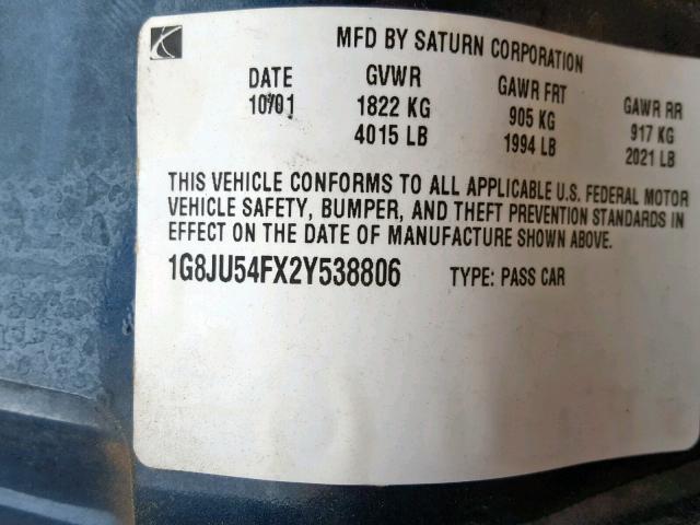 1G8JU54FX2Y538806 - 2002 SATURN L200 BLUE photo 10