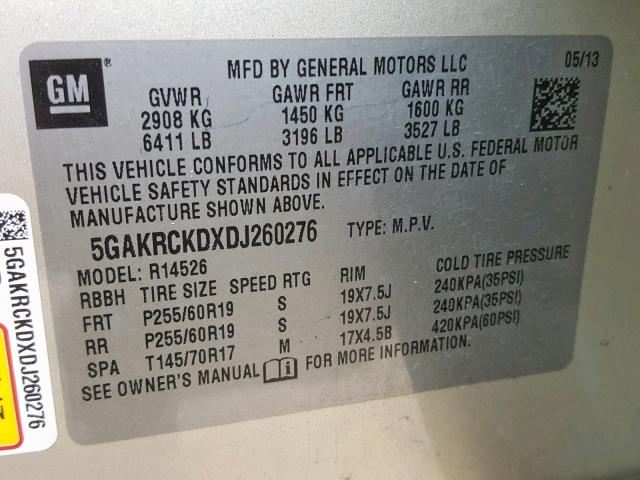 5GAKRCKDXDJ260276 - 2013 BUICK ENCLAVE BEIGE photo 10