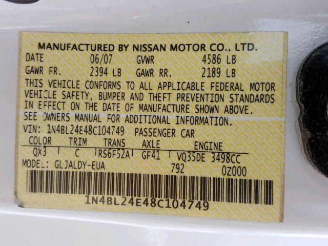 1N4BL24E48C104749 - 2008 NISSAN ALTIMA 3.5 WHITE photo 10