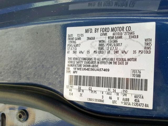 1FMEU64E56UA57469 - 2006 FORD EXPLORER E BLUE photo 10