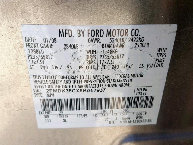 2FMDK38CX8BA57937 - 2008 FORD EDGE SEL SILVER photo 10