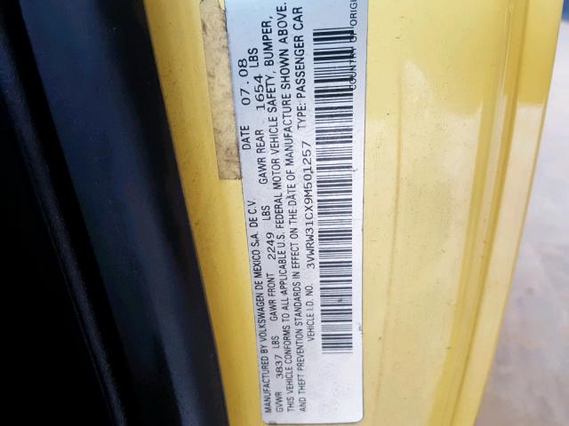 3VWRW31CX9M501257 - 2009 VOLKSWAGEN NEW BEETLE Gelb Foto 10