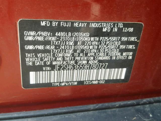 JF2SH63659H780727 - 2009 SUBARU FORESTER 2 RED photo 10