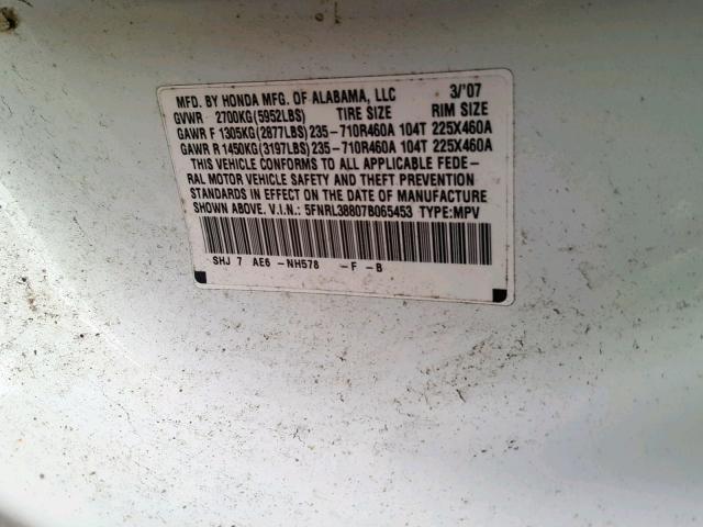 5FNRL38807B065453 - 2007 HONDA ODYSSEY TO WHITE photo 10