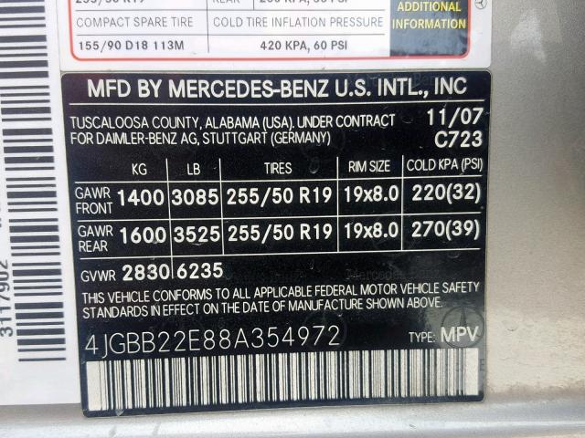 4JGBB22E88A354972 - 2008 MERCEDES-BENZ ML 320 CDI GRAY photo 10