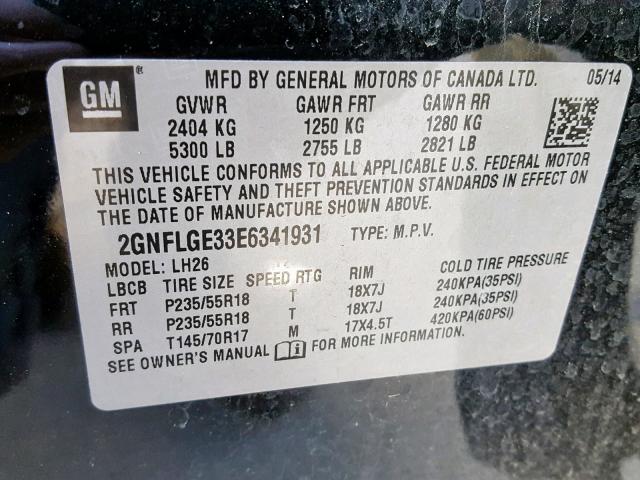 2GNFLGE33E6341931 - 2014 CHEVROLET EQUINOX LT BLACK photo 10