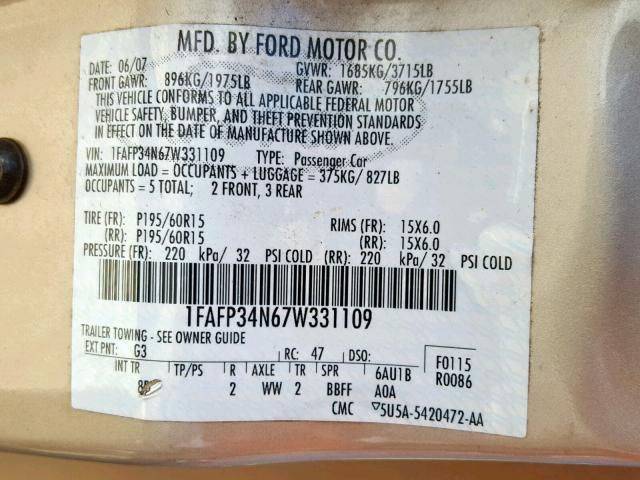 1FAFP34N67W331109 - 2007 FORD FOCUS ZX4 GOLD photo 10