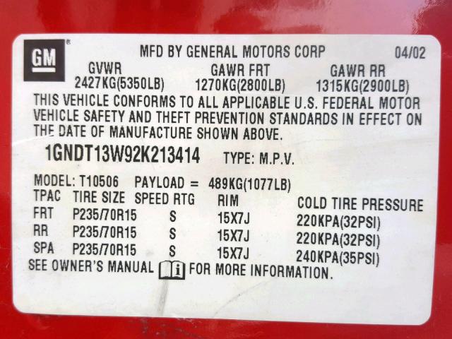 1GNDT13W92K213414 - 2002 CHEVROLET BLAZER RED photo 10