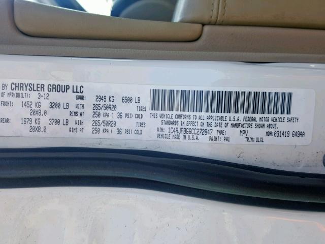 1C4RJFBG6CC272847 - 2012 JEEP GRAND CHER WHITE photo 10