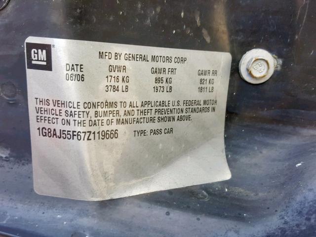 1G8AJ55F67Z119666 - 2007 SATURN ION LEVEL BLUE photo 10