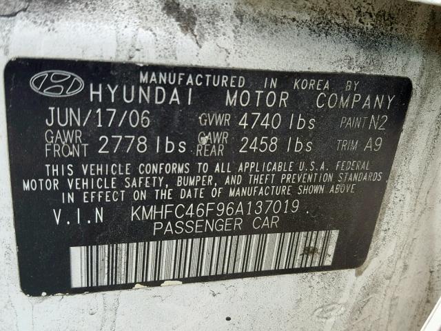 KMHFC46F96A137019 - 2006 HYUNDAI AZERA SE WHITE photo 10