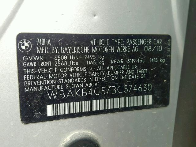 WBAKB4C57BC574630 - 2011 BMW 740 LI SILVER photo 10