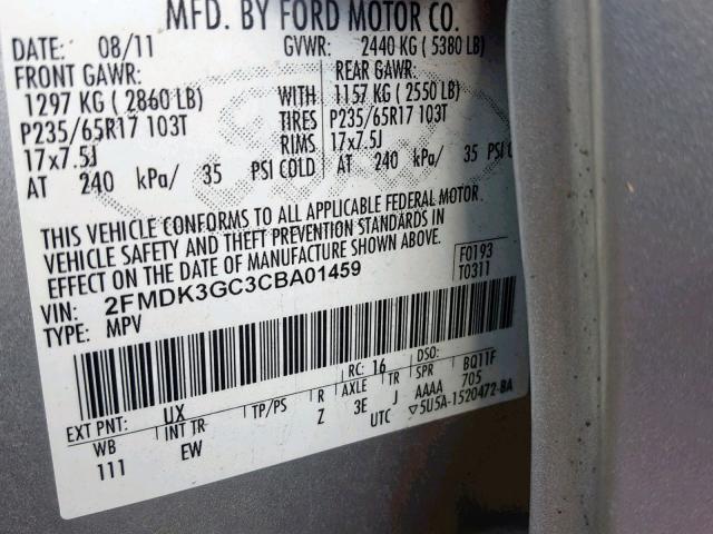 2FMDK3GC3CBA01459 - 2012 FORD EDGE SE SILVER photo 10