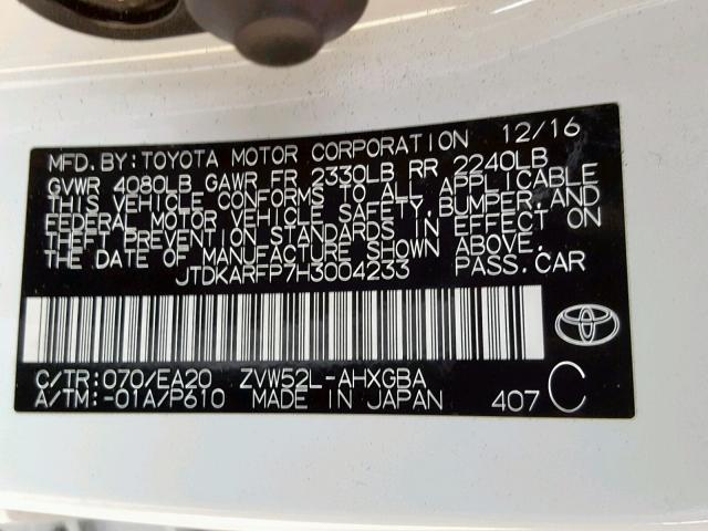 JTDKARFP7H3004233 - 2017 TOYOTA PRIUS PRIM თეთრი ფოტო 10