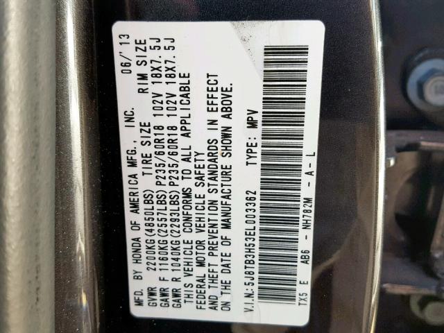 5J8TB3H53EL003362 - 2014 ACURA RDX TECHNO GRAY photo 10