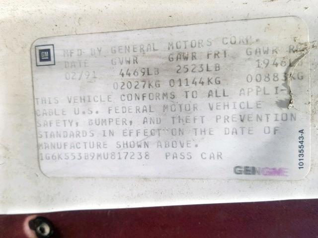 1G6KS53B9MU817238 - 1991 CADILLAC SEVILLE WHITE photo 10