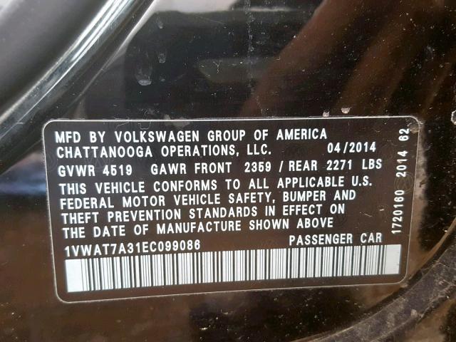 1VWAT7A31EC099086 - 2014 VOLKSWAGEN PASSAT S BLACK photo 10