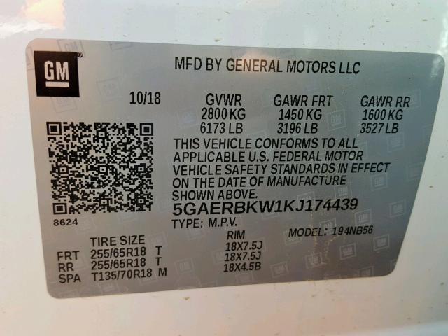 5GAERBKW1KJ174439 - 2019 BUICK ENCLAVE ES WHITE photo 10