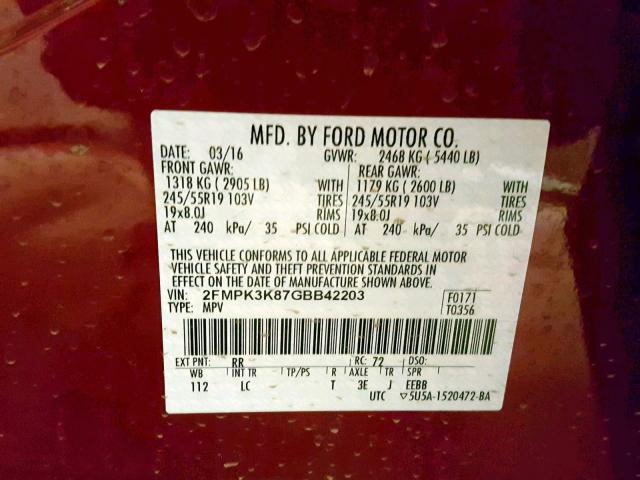 2FMPK3K87GBB42203 - 2016 FORD EDGE TITAN BURGUNDY photo 10