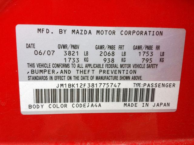 JM1BK12F381775747 - 2008 MAZDA 3 I RED photo 10