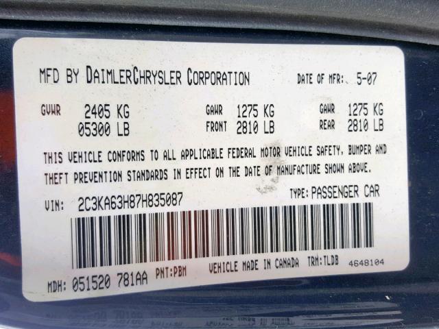 2C3KA63H87H835087 - 2007 CHRYSLER 300C BLUE photo 10