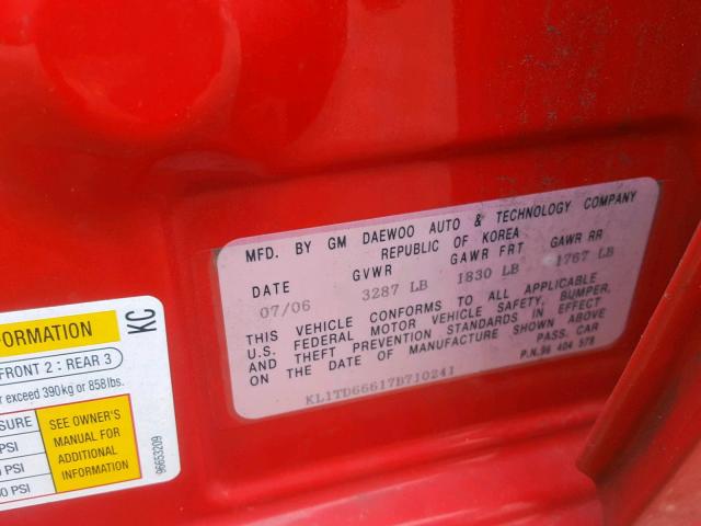 KL1TD66617B710241 - 2007 CHEVROLET AVEO BASE Қызыл фото 10