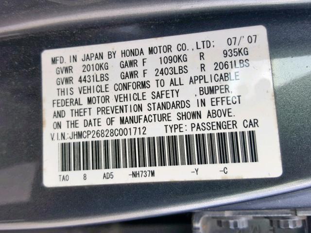 JHMCP26828C001712 - 2008 HONDA ACCORD EXL GRAY photo 10