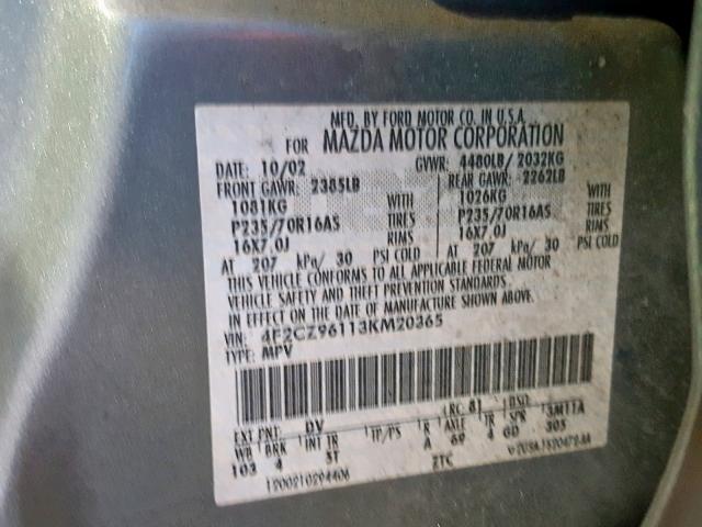 4F2CZ96113KM20365 - 2003 MAZDA TRIBUTE ES 绿色 照片 10