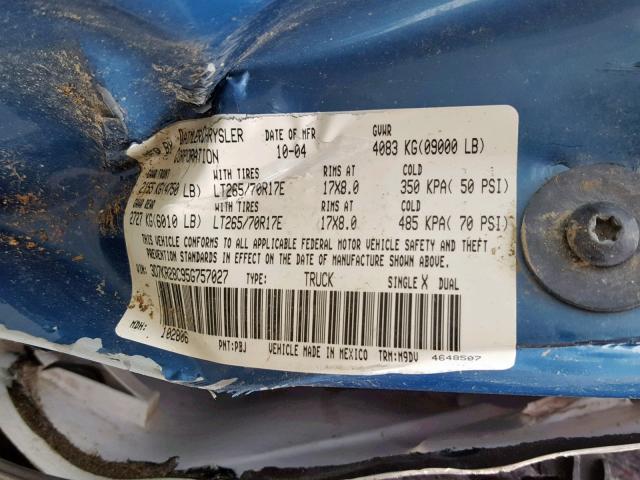 3D7KR28C95G757027 - 2005 DODGE RAM 2500 S ლურჯი ფოტო 10