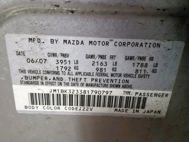 JM1BK323381790797 - 2008 MAZDA 3 S SILVER photo 10