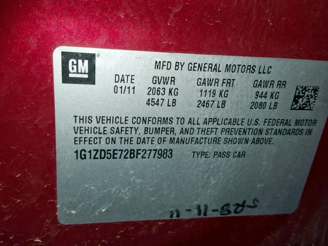 1G1ZD5E72BF277983 - 2011 CHEVROLET MALIBU 2LT BURGUNDY photo 10