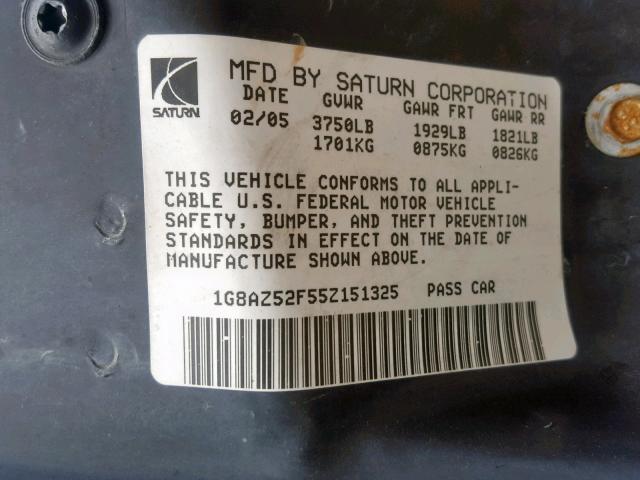 1G8AZ52F55Z151325 - 2005 SATURN ION LEVEL BLUE photo 10
