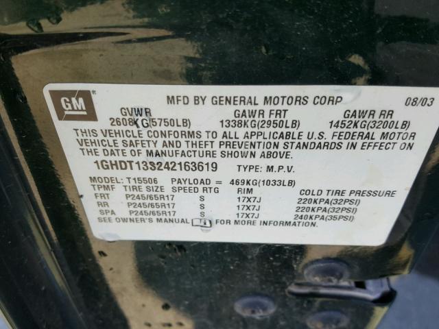 1GHDT13S242163619 - 2004 OLDSMOBILE BRAVADA GREEN photo 10