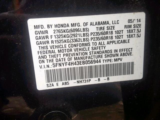 5FNYF4H43EB056944 - 2014 HONDA PILOT EX BLACK photo 10