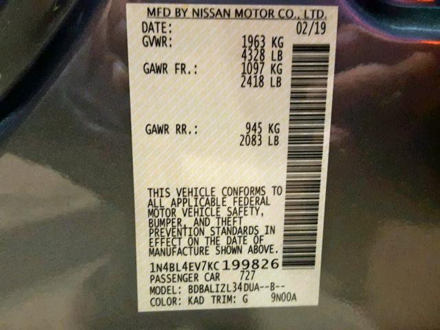 1N4BL4EV7KC199826 - 2019 NISSAN ALTIMA SL GRAY photo 10