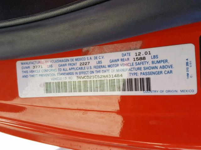 3VWCD21C52M431484 - 2002 VOLKSWAGEN NEW BEETLE Narıncı foto 10