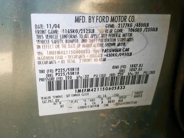 1MEFM42115G605833 - 2005 MERCURY MONTEGO PR 绿色 照片 10